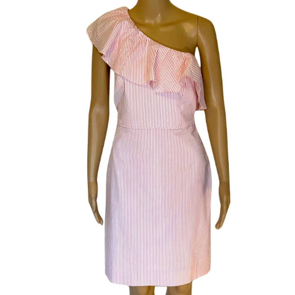 Red Seersucker J. Crew One Shoulder Dress Size 10